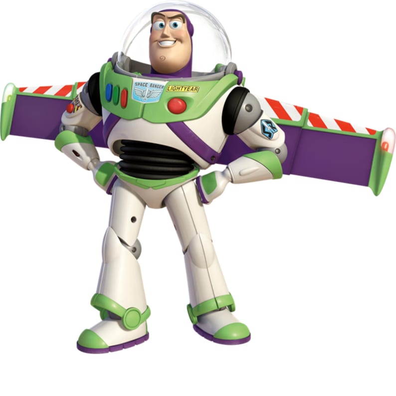 May include: A green, white, and purple toy space ranger with a helmet and wings. The toy has a large red button on its chest and the text "SPACE RANGER" and "LIGHTYEAR" printed on it.