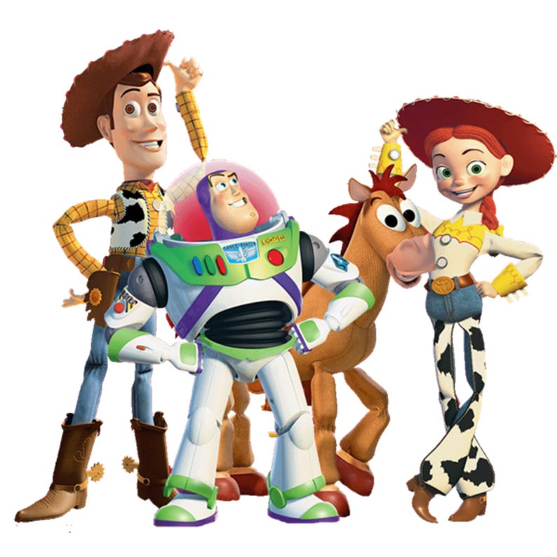 May include: Toy Story characters Woody, Buzz Lightyear, Jessie, and Bullseye. Woody is wearing a brown cowboy hat, a yellow shirt with a red bandana, and blue jeans. Buzz Lightyear is wearing a white and green space ranger suit. Jessie is wearing a red cowboy hat, a yellow shirt with a red bandana, and blue jeans with a black and white cow print. Bullseye is a brown horse with a white star on his forehead.