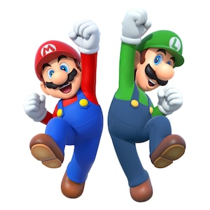 May include: Mario and Luigi, the iconic video game characters, are depicted in a 3D style, jumping and celebrating with their arms raised in the air. Mario is wearing his signature red overalls and cap, while Luigi is dressed in green overalls and a cap. Both characters have a cheerful expression on their faces.