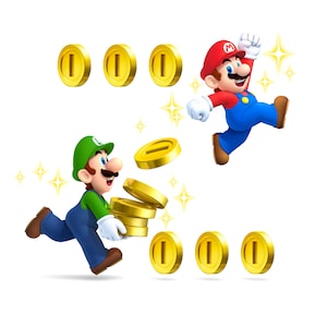 May include: Mario and Luigi, the iconic video game characters, are running and jumping while collecting gold coins.  Mario is wearing his signature red hat and blue overalls, while Luigi is wearing a green hat and overalls.  The image features a white background with sparkling stars.