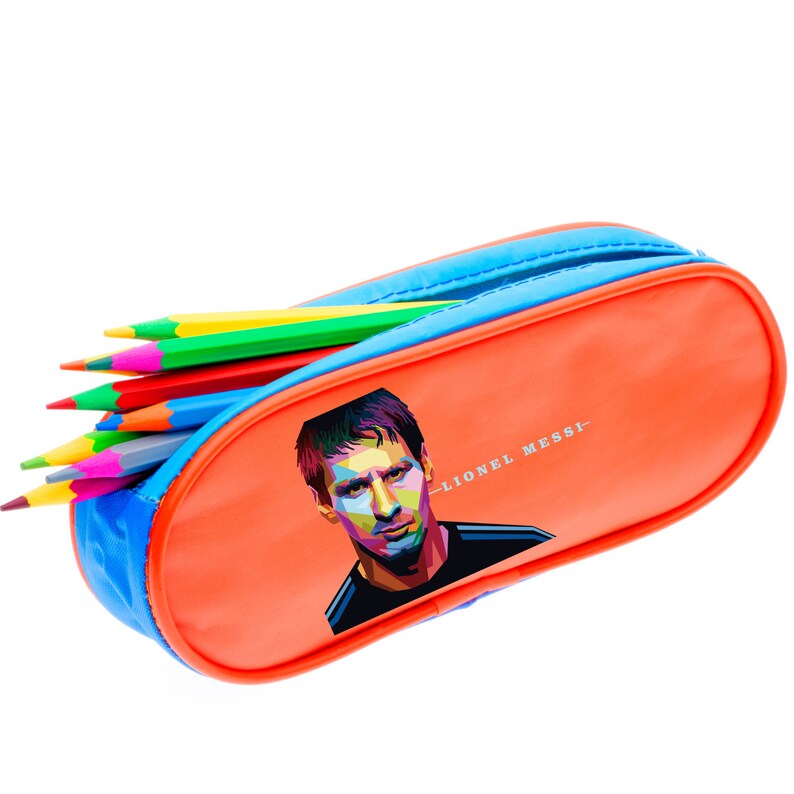 May include: Orange pencil case with a blue trim and a colorful image of Lionel Messi. The text "Lionel Messi" is printed in white on the case.