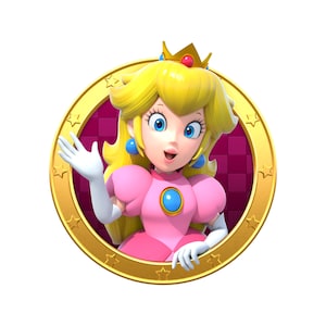May include: A cartoon image of Princess Peach from the Super Mario video game series. She is wearing a pink dress and a gold crown. She is smiling and waving. The image is set against a pink and white checkered background.