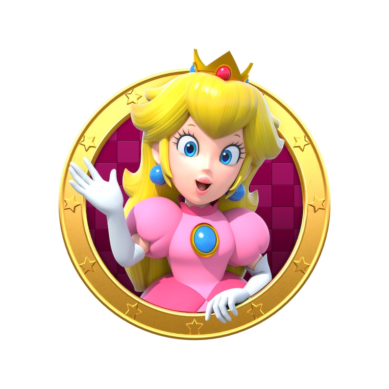 May include: A cartoon image of Princess Peach from the Super Mario video game series. She is wearing a pink dress and a gold crown. She is smiling and waving. The image is set against a pink and white checkered background.