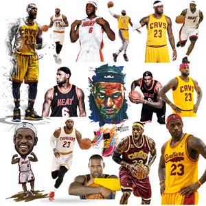 Puede incluir: Un collage de imágenes que muestran a LeBron James vistiendo diferentes camisetas de baloncesto. Las camisetas son de varios colores, incluyendo amarillo, rojo y azul. Las imágenes muestran a James en diferentes poses, incluyendo driblando un balón de baloncesto, tirando a canasta y celebrando una victoria. El texto en las camisetas incluye "CAVS 23", "HEAT 6" y "CAVALIERS 23".