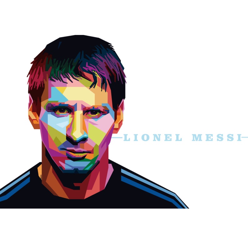 May include: A colorful, geometric portrait of Lionel Messi, a famous soccer player. The image is in a pop art style with a white background.