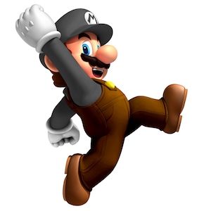 May include: A cartoon character wearing a black cap with a white 'M' on it, a black shirt, brown overalls, and white gloves. The character has a brown mustache and is jumping with one leg raised.