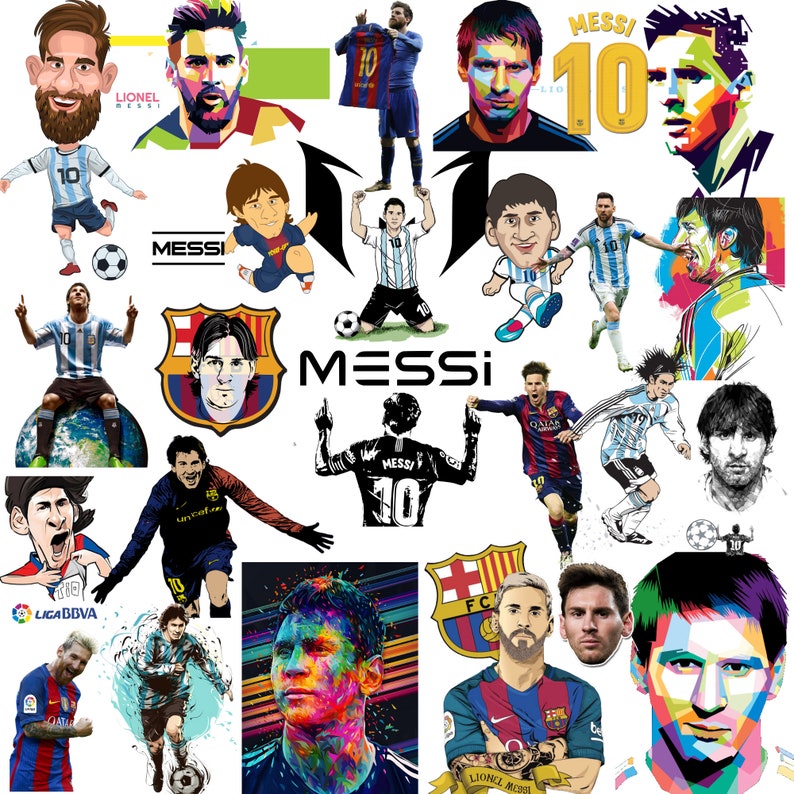 May include: A collage of images featuring Lionel Messi, a famous soccer player. The images show Messi in different poses and with different teams, including Barcelona and Argentina. The collage also includes the text "Messi" and "10", which is Messi's jersey number.