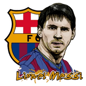 May include: A digital illustration of Lionel Messi wearing a blue and red soccer jersey with the FC Barcelona logo. The logo is a shield with a red cross on a white background, a yellow background, and red and blue stripes.