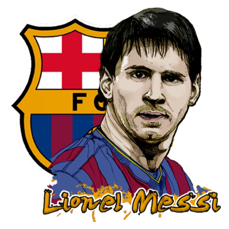 May include: A digital illustration of Lionel Messi wearing a blue and red soccer jersey with the FC Barcelona logo. The logo is a shield with a red cross on a white background, a yellow background, and red and blue stripes.