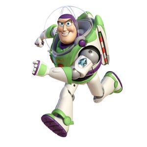 May include: A green and white toy astronaut with a purple helmet and a red and white stripe on his back. He is running with his arms outstretched and a determined look on his face.