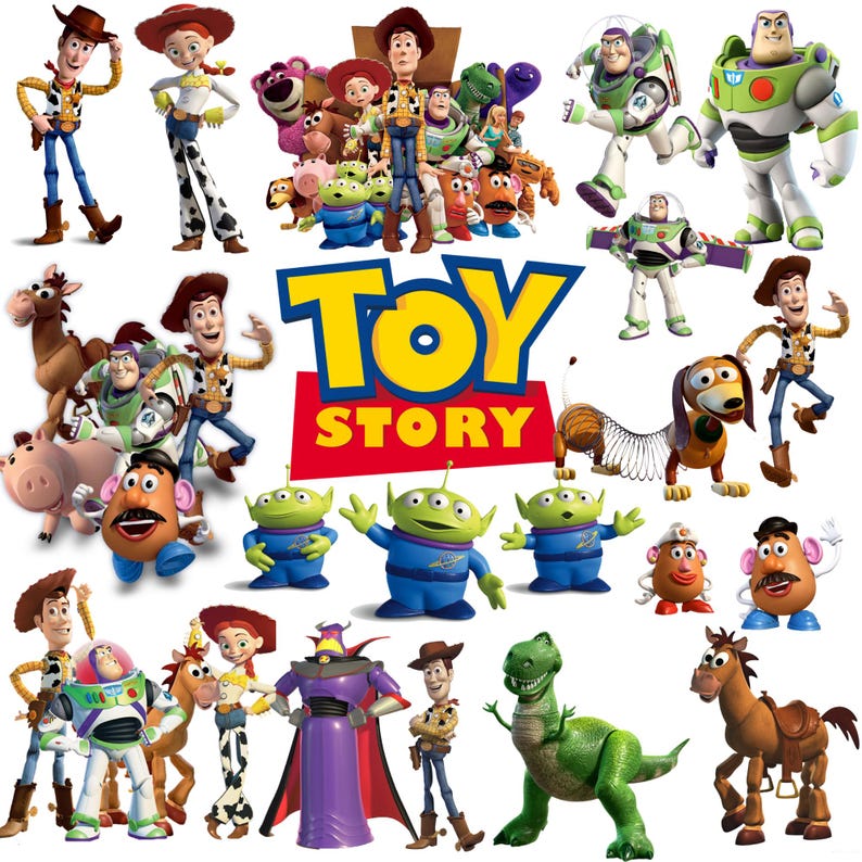 May include: A collection of Toy Story characters, including Woody, Buzz Lightyear, Jessie, and Mr. Potato Head. The characters are arranged in a playful and colorful design, with the iconic Toy Story logo prominently displayed.