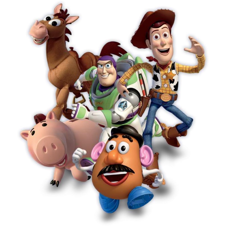 May include: A group of toy characters from the Toy Story franchise. Woody, Buzz Lightyear, Mr. Potato Head, Hamm the piggy bank, and Bullseye the horse are all smiling and looking at the camera.