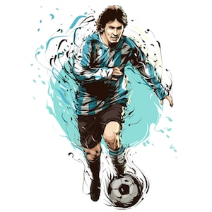 May include: A digital illustration of a soccer player in a blue and white striped jersey dribbling a soccer ball. The player is surrounded by blue and black abstract shapes.