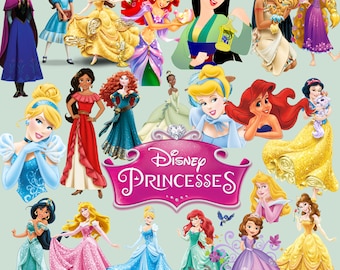 May include: A colorful illustration featuring Disney princesses, including Cinderella, Ariel, Belle, Mulan, and Pocahontas. The princesses are depicted in their iconic dresses and poses, with the text "Disney Princesses" in pink letters.