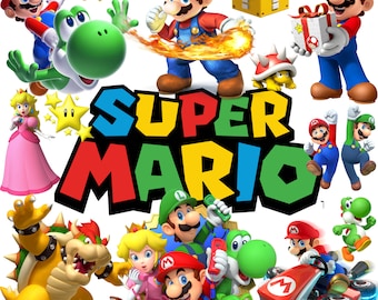 May include: A colorful illustration of Super Mario characters, including Mario, Luigi, Peach, Bowser, Yoshi, and Toad. The characters are arranged around the words "SUPER MARIO" in large, colorful letters.