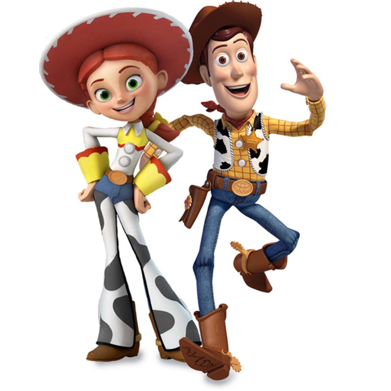 May include: A red-haired female and a male cowboy doll, both wearing cowboy hats and outfits. The female doll is wearing a white and black cow print pants and the male doll is wearing blue jeans.
