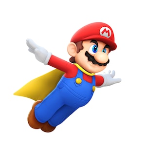 May include: A red and blue cartoon character with a yellow cape, wearing a red hat with an 'M' on it, flying with arms outstretched.