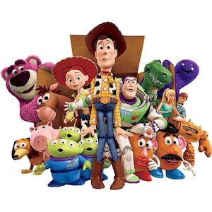 May include: A group of colorful toy characters from the Toy Story franchise, including Woody, Buzz Lightyear, Jessie, Mr. Potato Head, and Rex. The toys are arranged in a playful pose, with Woody standing in the center.