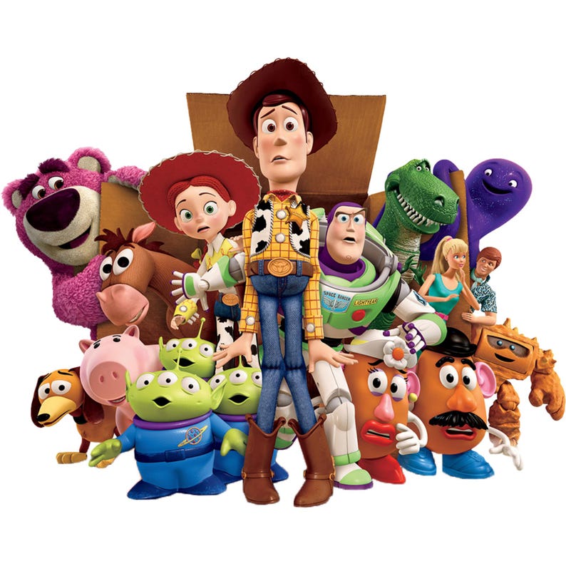 May include: A group of colorful toy characters from the Toy Story franchise, including Woody, Buzz Lightyear, Jessie, Mr. Potato Head, and Rex. The toys are arranged in a playful pose, with Woody standing in the center.