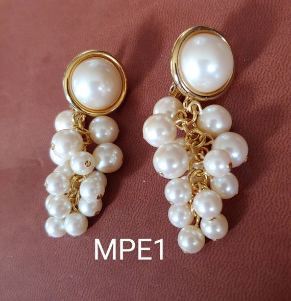 Monet Vintage Faux Pearl Cluster Clip On Earrings