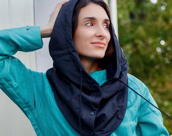 Black Hooded Scarf, Waterproof Hooded Cowl, Balaclava Hood