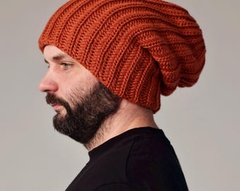 Slouchy knit hat for men Oversized wool beanie Warm thick hat Extra large hat for big head Gift for Him