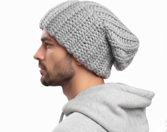 Slouchy Knit Beanie, Chunky Wool Hat for Men and Women, Oversized Baggy Winter Hat, Soft Warm Knitted Beanie