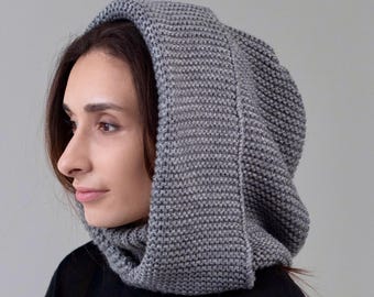 Handmade Merino Wool Hooded Scarf: Soft Knit Women display picture 1