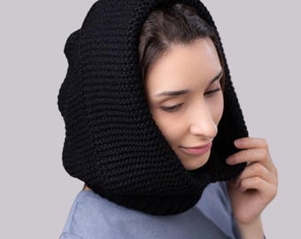Hooded Scarf, Knit Wool Hood Scarf, Womens Warm Cowl Hood, Hooded Cowl, Winter Layering, Cold Weather Gift