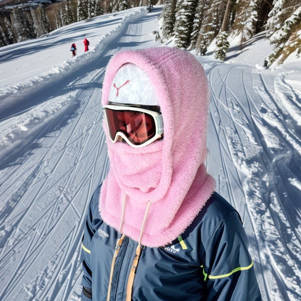 Pink Sherpa Hood, Balaclava, Ski Hood, Skiing Hood, Over Helmet Hood, Snowboard Hood, Ski Helmet Cover, Fleece Hood, Adventure Hood, Gift
