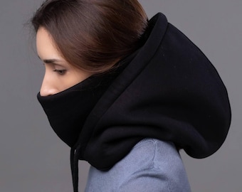 Black Hooded Scarf, Waterproof Hooded Cowl, Balaclava Hood