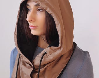 Hooded Scarf, Waterproof Balaclava, Rainproof Warm Cowl Hood, Fleece Lining Hood, Casual Style, Buttoned Hood with Drawstrings, Handmade