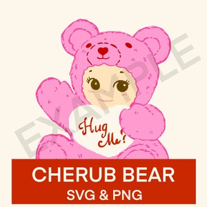 Könnte beinhalten: Ein rosa Plüschbär, der ein rosa Bärenkostüm mit einem herzförmigen Gesicht und dem Text "Hug Me?" auf einem weißen Herzen trägt. Der Bär hält das Herz in seinen Pfoten.