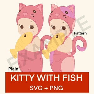 Sonny Angel Cherub Kitty mit Fisch Lucky Cat Life SVG PNG Sublimation Sofortiger Download Entzückendes Kätzchen DIY Malseite