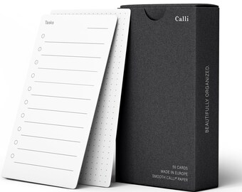 Calli® 50 tarjetas premium de tareas pendientes hechas con el mejor papel de 250 g (129 x 76 mm), bolígrafo, planificador diario de bloques de lista de tareas optimizado (CARDPACK_50PCS)