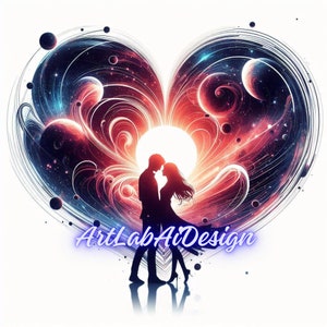 May include: Silhouettes of a couple standing close together in front of a heart-shaped galaxy with swirling colors of red, blue, and purple. The text "ArtLabAiDesign" is in the foreground.