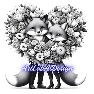 Criaturas tiernas, corazón y zorros, zorros y amor, zorros para el día de San Valentín, los animales también aman, JPEG de alta calidad, tarjeta encantadora te amo