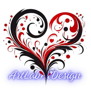 Könnte beinhalten: Ein schwarzes und rotes Blumenmuster in Herzform. Das Design ist filigran und detailliert, mit Spiralen und Kurven. Der Text "ArtLab+iDesign" befindet sich am unteren Rand des Bildes.