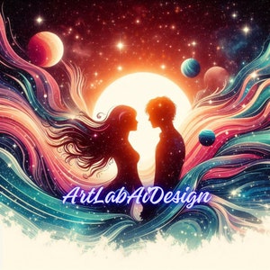 Könnte beinhalten: Silhouetten eines Paares, das sich vor einem farbenfrohen, sternenübersäten Hintergrund gegenübersteht. Der Hintergrund zeigt einen großen, hellen Mond und mehrere Planeten. Der Text "ArtLabAiDesign" ist im Vordergrund sichtbar.
