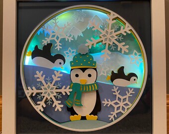 Penguins Shadow Box with Lights | Handcrafted 14-Layers Cardstock | Intricate Cricut Design | Wall Hanging | Shelf Decor | Mantle Display