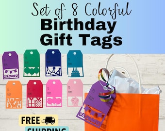 Birthday Gift Tags, Set of 8 Colorful Gift Tags, Free Shipping