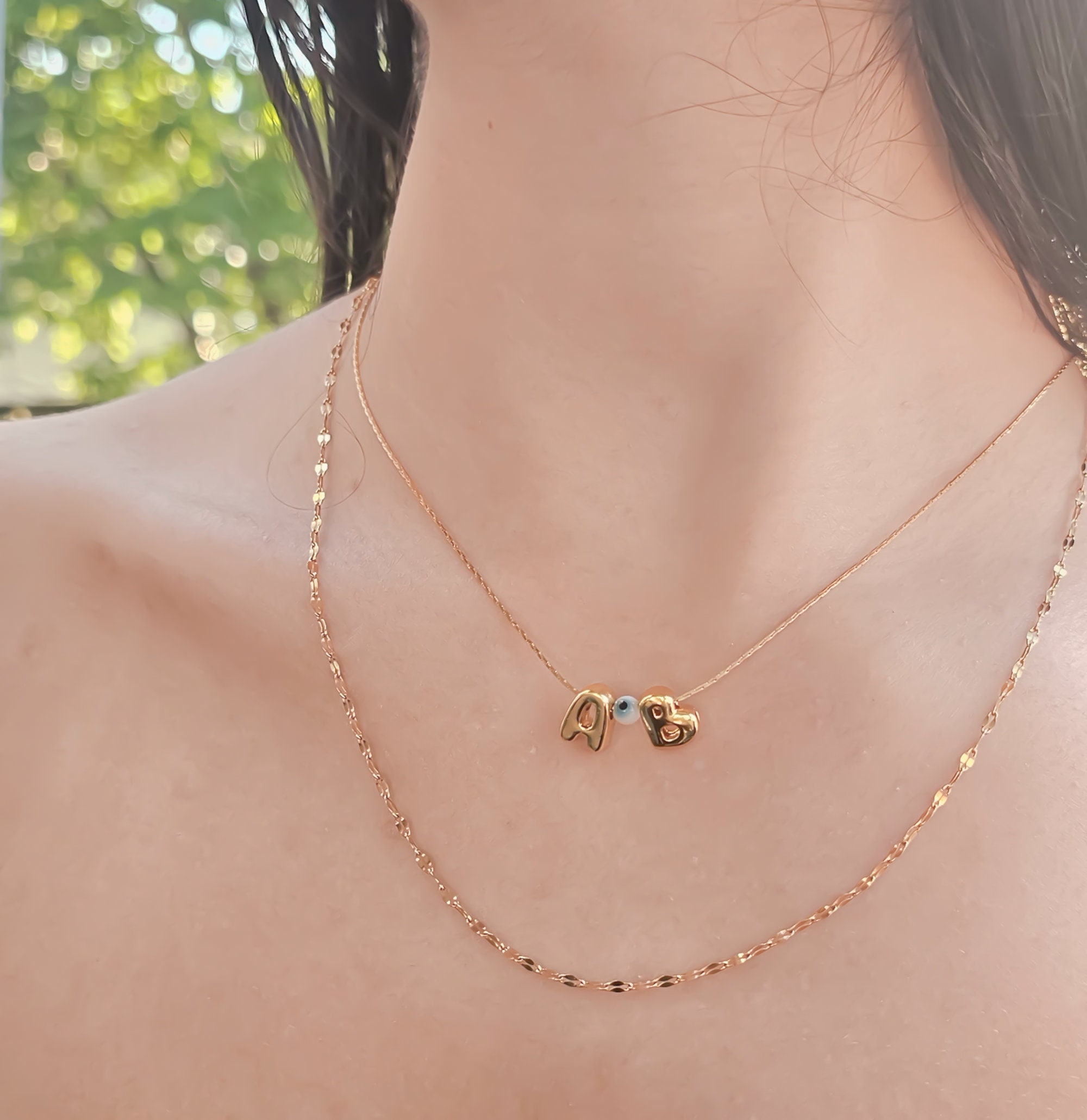 Silver Bubble Letter Necklace - Personalized 3D Design with Evil Eye Charm - Custom Name Necklace