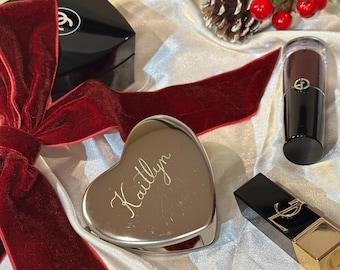 Personalized Heart Compact Mirror | Engraved Silver Keepsake