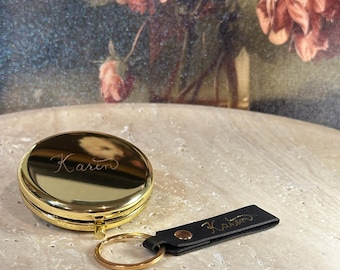 Personlig kompakt spegel | Graverad guld-, silver-, roséguldpresent