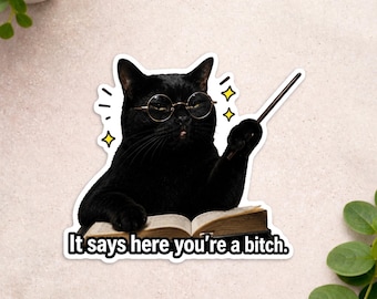 It Says Here You’re A Bitch Cat Meme Sticker,  Funny Black Cat Sticker- Sarcastic Cat Laptop Decal - Witchy Cat Gift For Friends