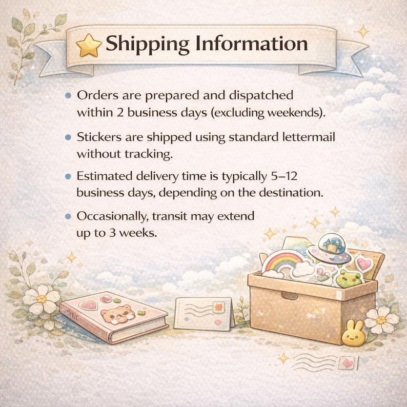 May include: A light brown cardboard box filled with various colorful stickers, including a rainbow, a UFO, and a frog. Next to the box is a small envelope and a closed book featuring a bear sticker on the cover, all set against a soft pastel background.