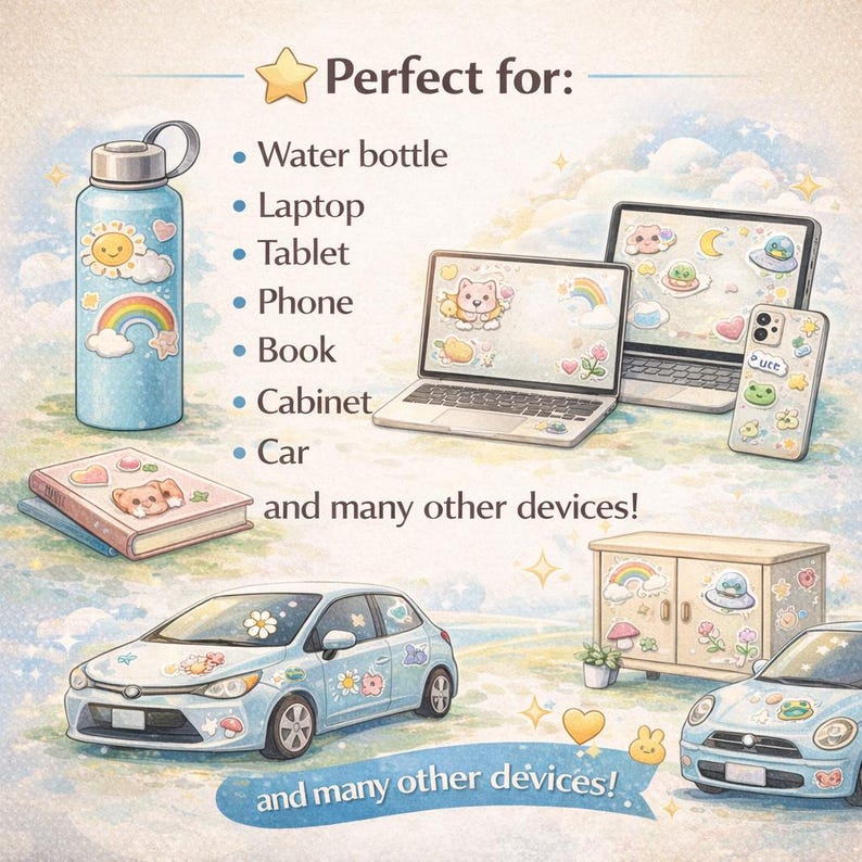 May include: A collection of colorful, whimsical stickers featuring suns, rainbows, animals, and flowers applied to a light blue water bottle, a laptop, a tablet, a phone, a book, a cabinet, and two cars, with text reading Perfect for and and many other devices.