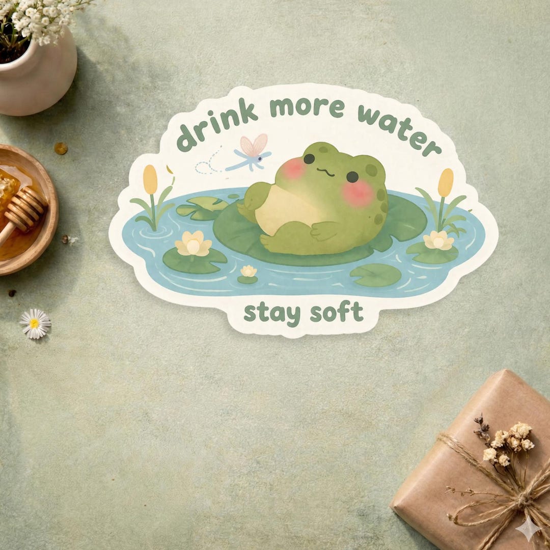 Stay Soft Frog Sticker Cute Kawaii Frog in Pond Vinyl Decal Drink More ...
