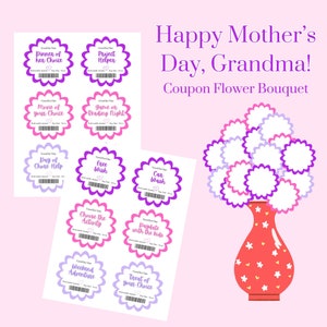 Cupones de flores del Día de la Madre Abuela, Actividad artesanal única de nietos, Descarga digital imprimible, Regalos para mamá madrastra abuela