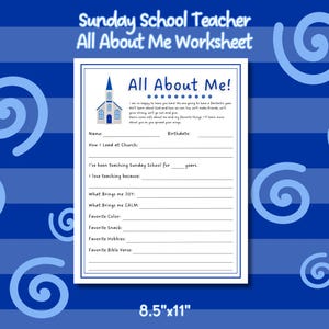 All About Me Sunday School Teacher Worksheet, Church Children&#39;s Ministry, Back to School, Teacher Gifts, Teacher Info Sheet, Printable